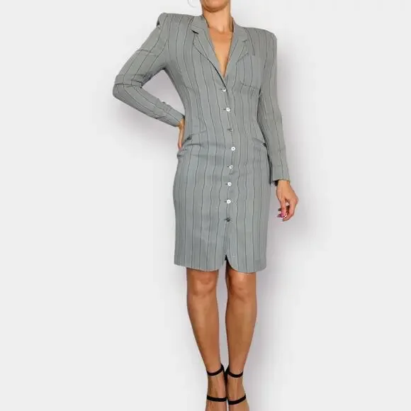 Vintage 90s Tahari Gray Black Striped Blazer Dress - Picture 3 of 7